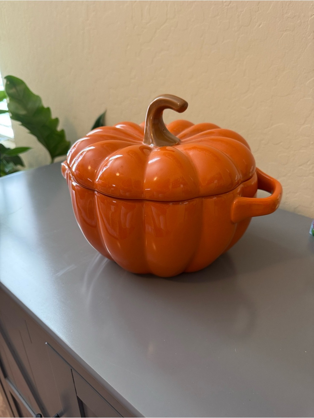 Pier 1 Orange Pumpkin Ceramic Serving Dish with Brown Stem